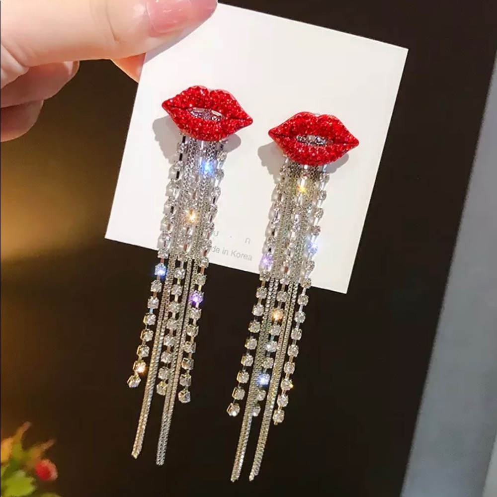 Red Crystal Hot Lips Earrings Long Sparkling